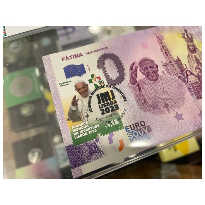 NOTA CERTIFICADA NUMISVILAREAL Fátima - Papa Francisco MEPF 2023-4 com selo CTT 1,15€ e carimbo JMJ
Ref: 144-C