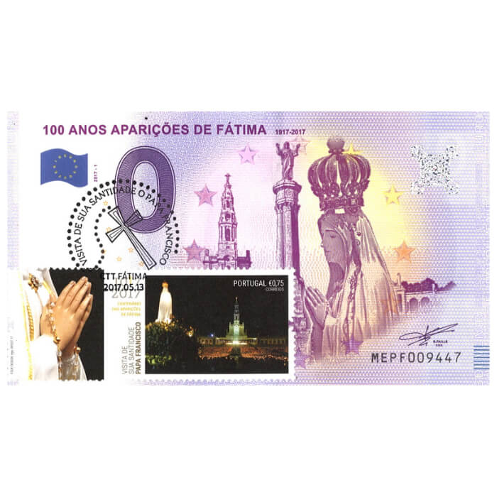100 Anos das Aparições de Fátima: 1917-2017 MEPF 2017-1 (selo e carimbo Visita de Sua Santidade o Papa Francisco-3)
Ref: 2-3