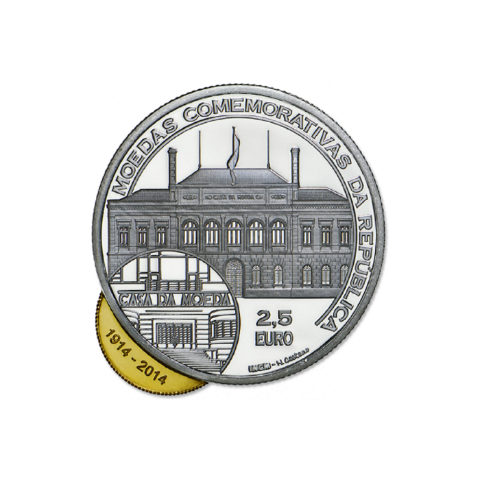 PROOF 2,5€ 2014 Centenário da Primeira Moeda Comemorativa da República ('excêntrica') OURO+PRATA