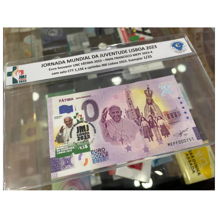 NOTA CERTIFICADA NUMISVILAREAL Fátima - Papa Francisco MEPF 2023-4 com selo CTT 1,15€ e carimbo JMJ
Ref: 144-C